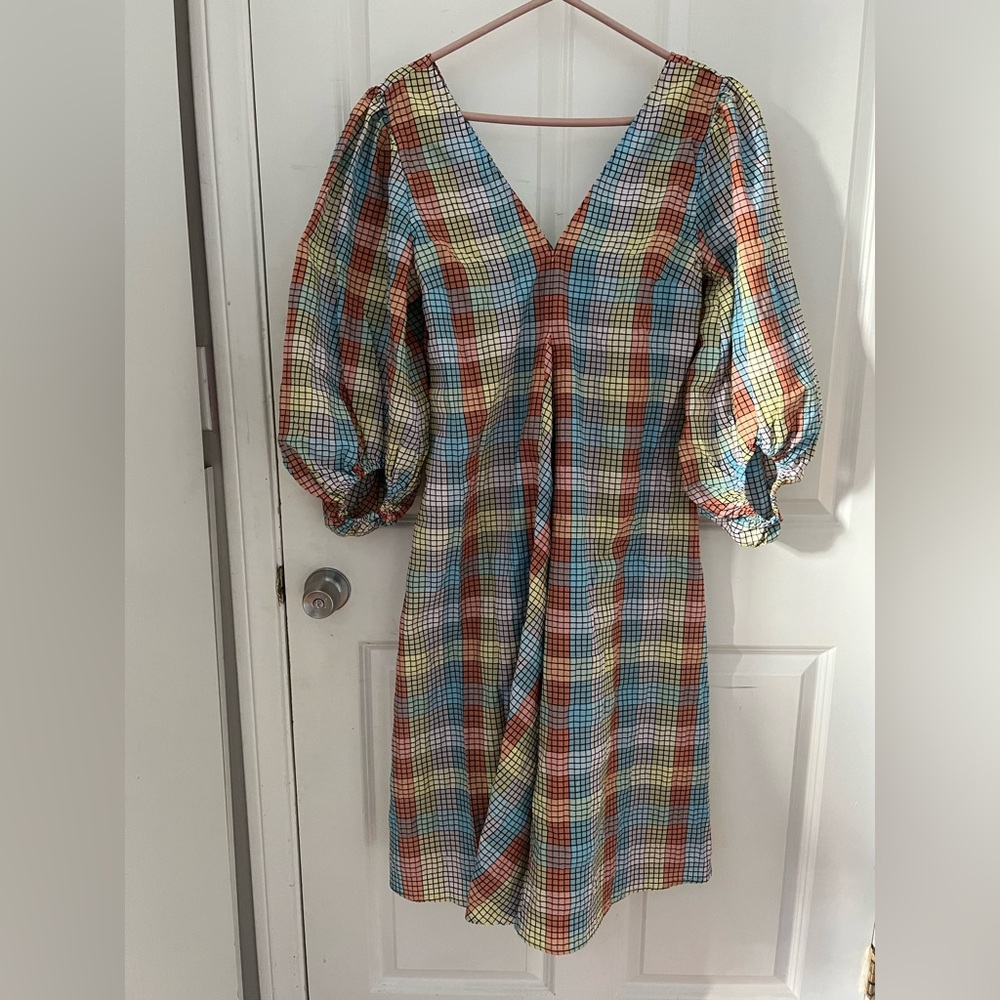 GANNI long puffer sleeve dress with square color pattern. Size: 38